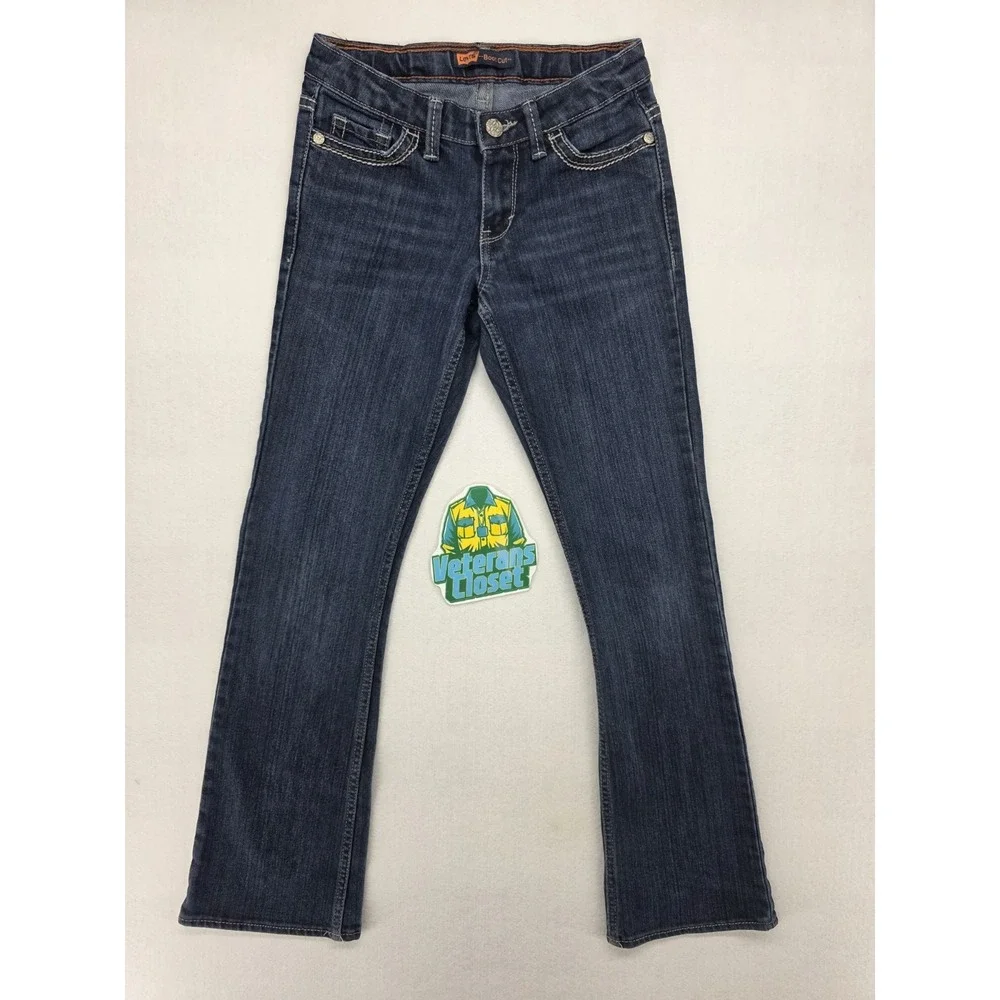 Levis Girls 12 Slim Bootcut Jeans 24x27 Dark Wash Adjustable Waist Stretch Denim